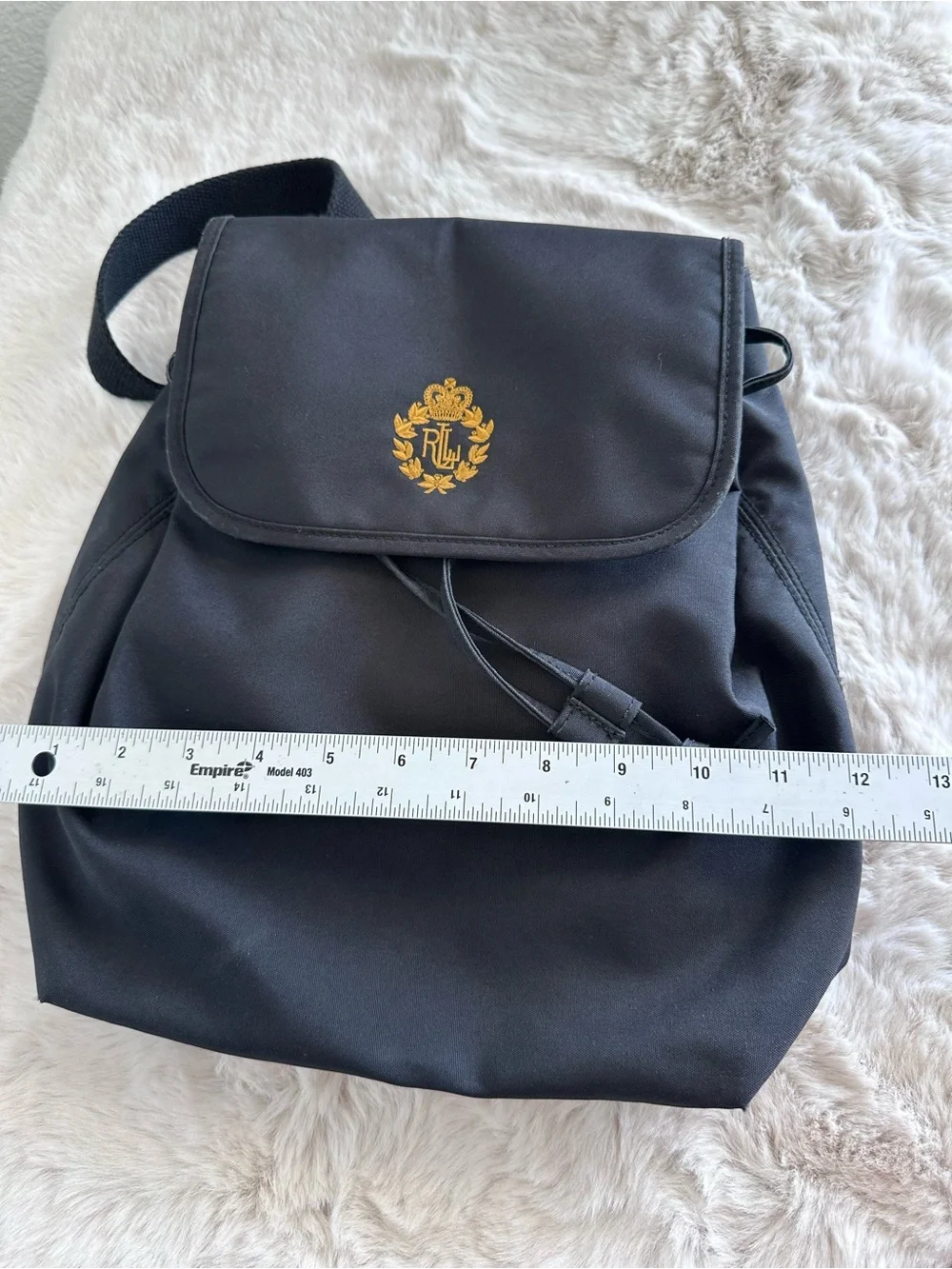 Ralph Lauren Black Vintage Backpack Gold Embroidered Crest Logo
